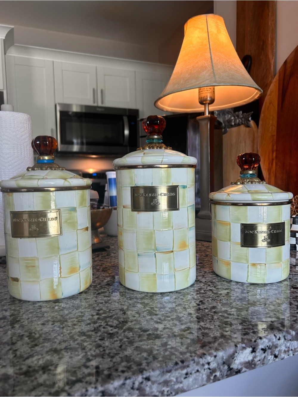 MacKenzie-Childs Parchment Yellow and Cream Checked Canister Set (3)
